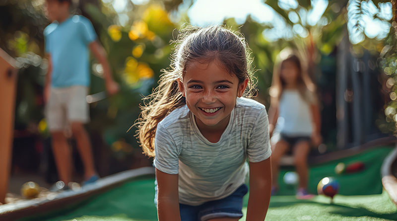 Young smiling girl playing adventure golf