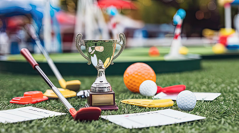 Small gold golf trophy on the ground surrounded by adventure golf kit